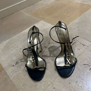 Dolce & Gabbana “SEX” heels, black leather w gold accents and chain